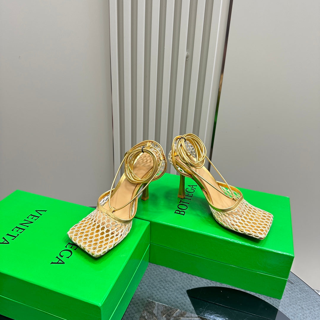 STRETCH HIGH HEELS 9 CM IN GOLD METALLIZE MESH AND LEATHER