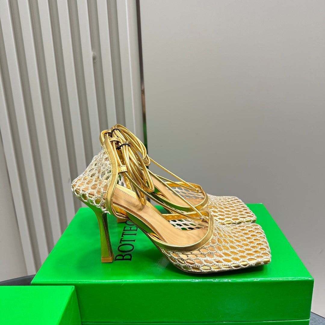 STRETCH HIGH HEELS 9 CM IN GOLD METALLIZE MESH AND LEATHER