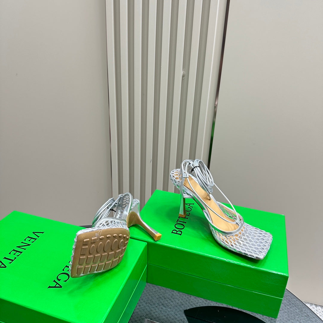 STRETCH HIGH HEELS 9 CM IN SILVER METALLIZE MESH AND LEATHER