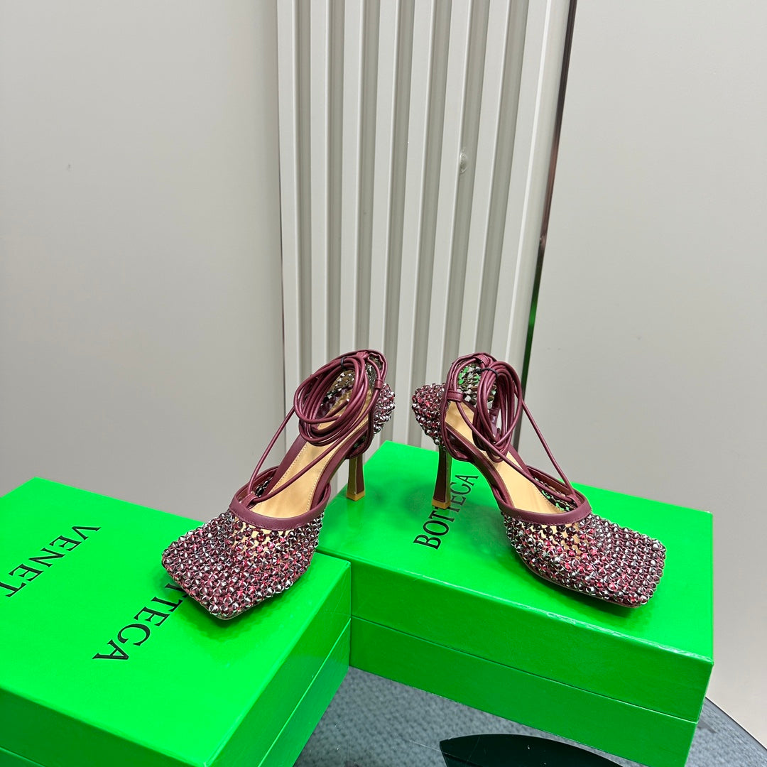 STRETCH HIGH HEELS 9 CM IN SANGRIA RED METALLIZE MESH AND LEATHER WITH CRYSTAL