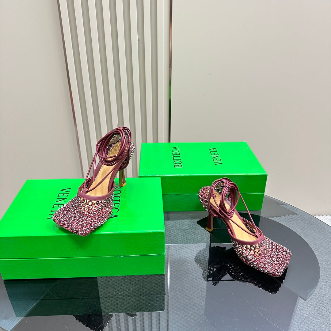 STRETCH HIGH HEELS 9 CM IN SANGRIA RED METALLIZE MESH AND LEATHER WITH CRYSTAL