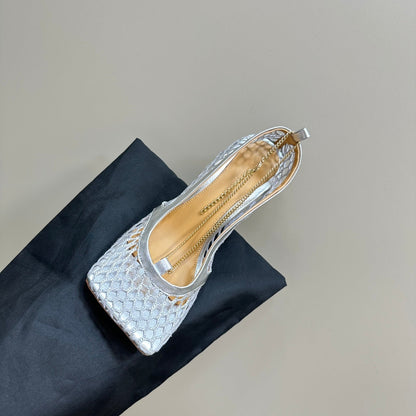 HIGH PUMP 9 CM IN SILVER METALLIZE MESH AND LEATHER