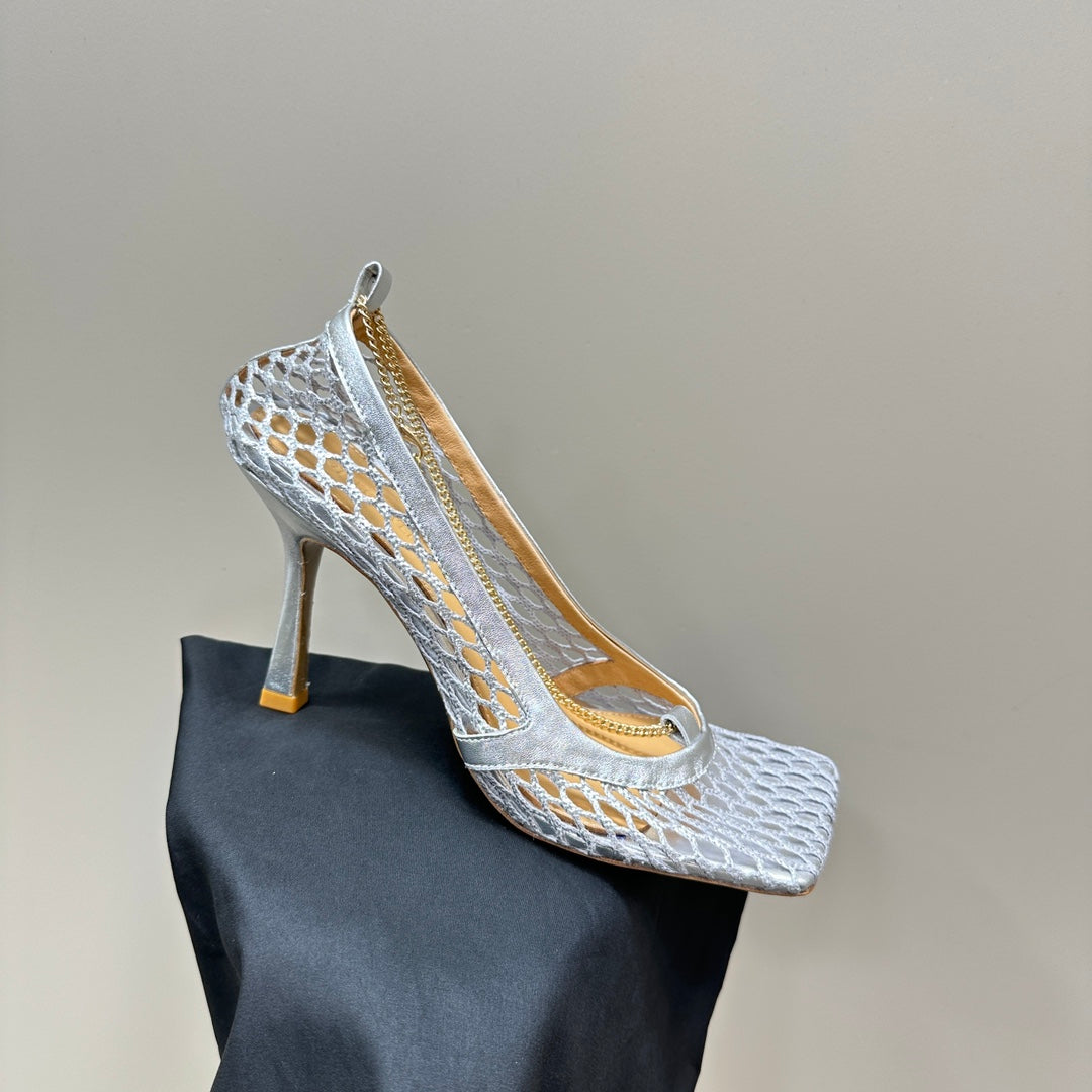 HIGH PUMP 9 CM IN SILVER METALLIZE MESH AND LEATHER
