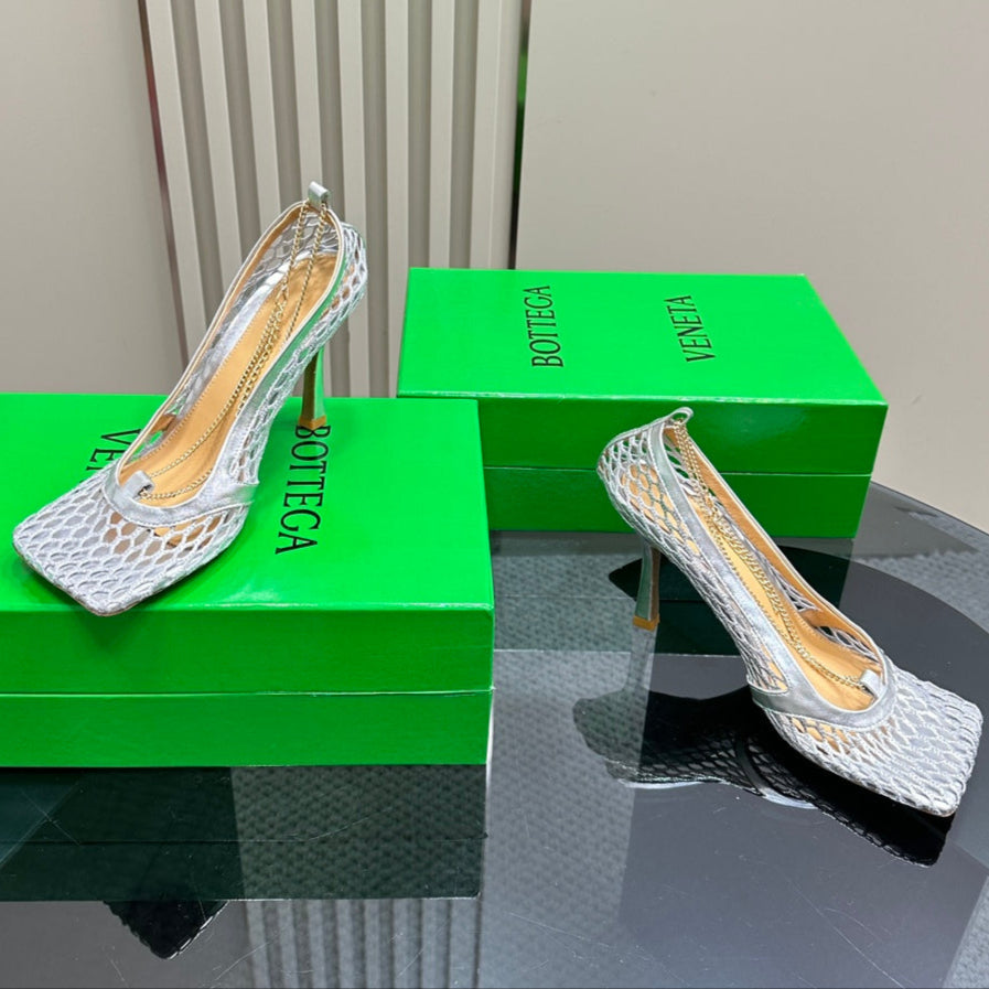 HIGH PUMP 9 CM IN SILVER METALLIZE MESH AND LEATHER