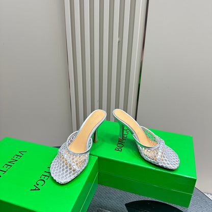 HIGH MULE 9 CM IN SILVER METALLIZE MESH AND LEATHER