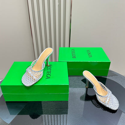 HIGH MULE 9 CM IN SILVER METALLIZE MESH AND LEATHER