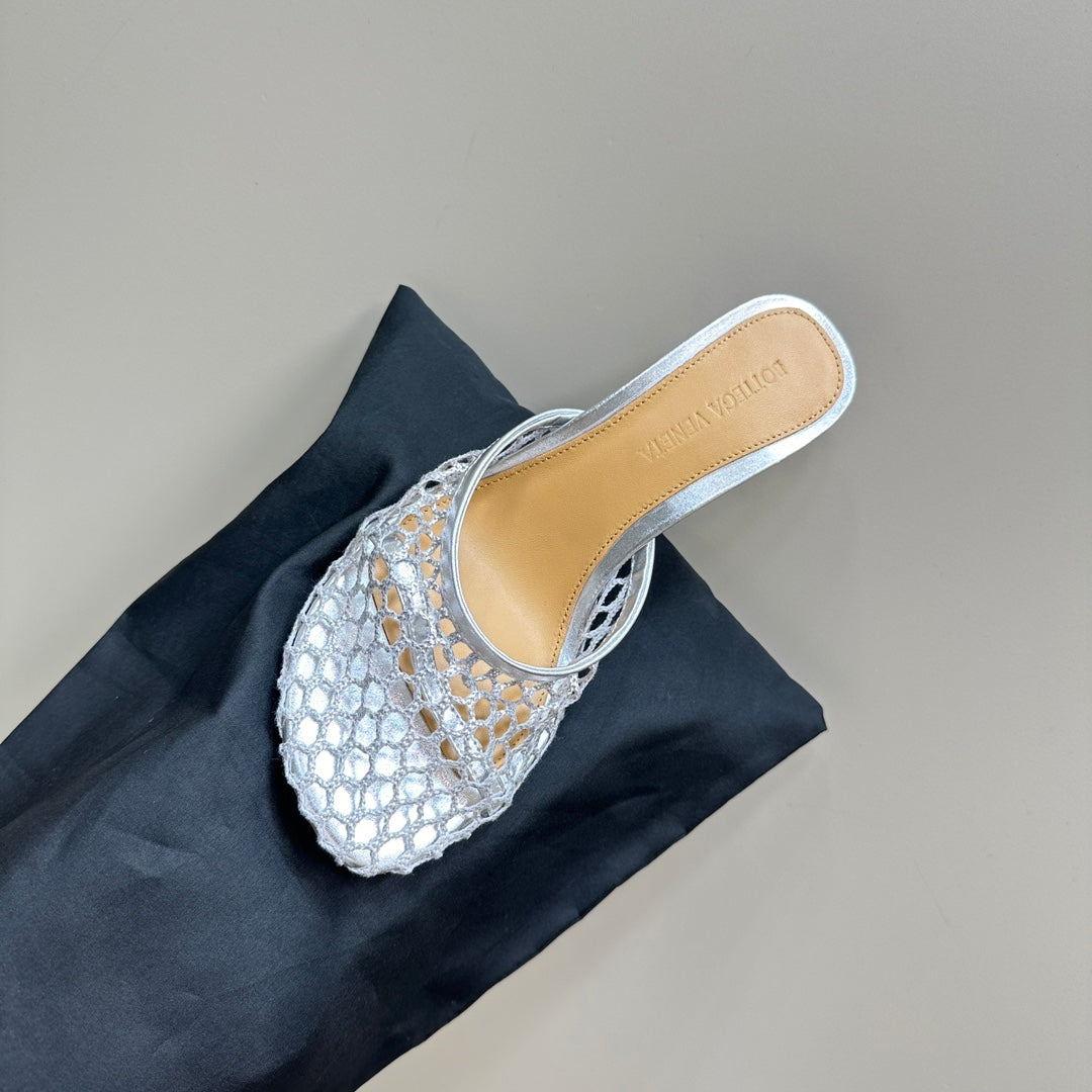 HIGH MULE 9 CM IN SILVER METALLIZE MESH AND LEATHER