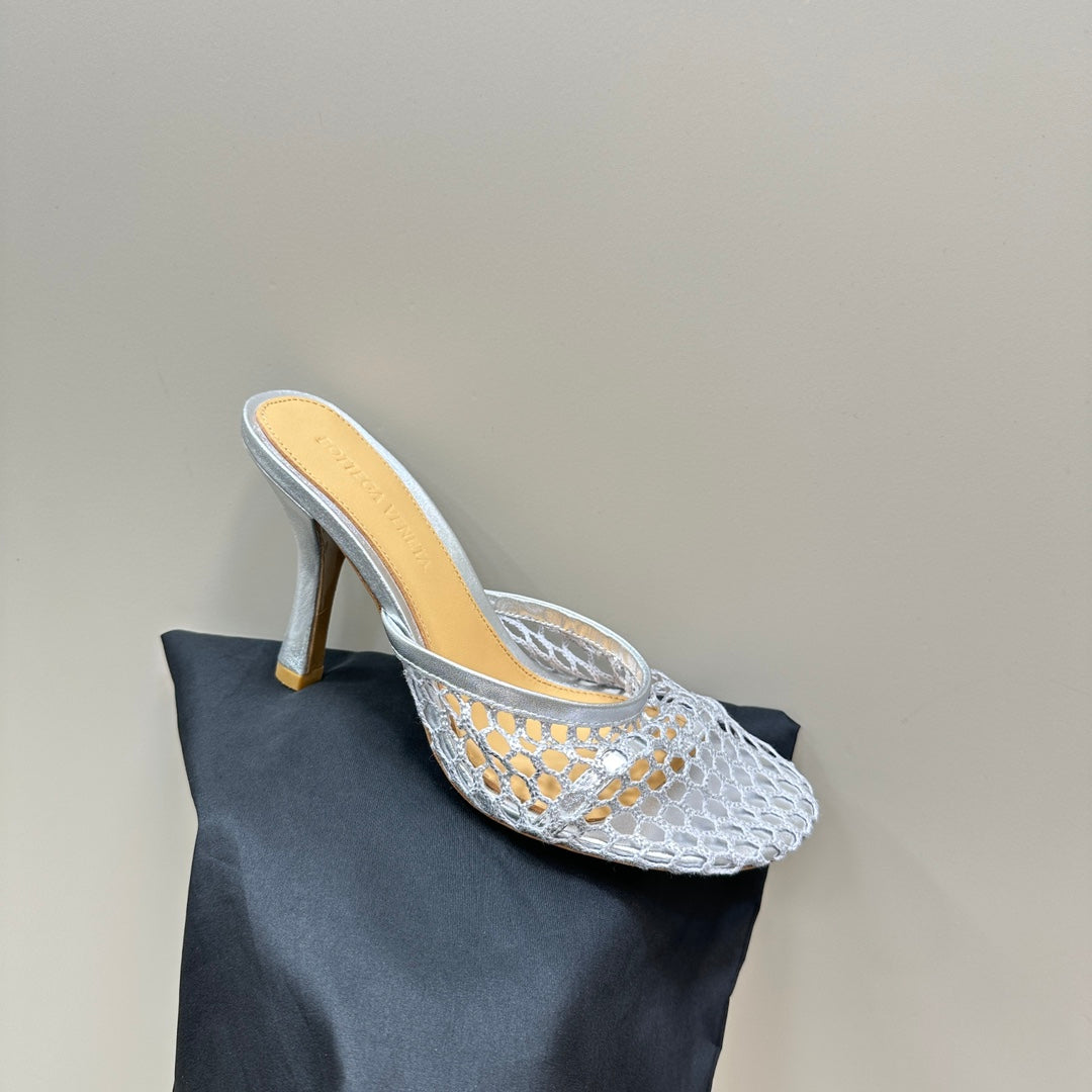 HIGH MULE 9 CM IN SILVER METALLIZE MESH AND LEATHER