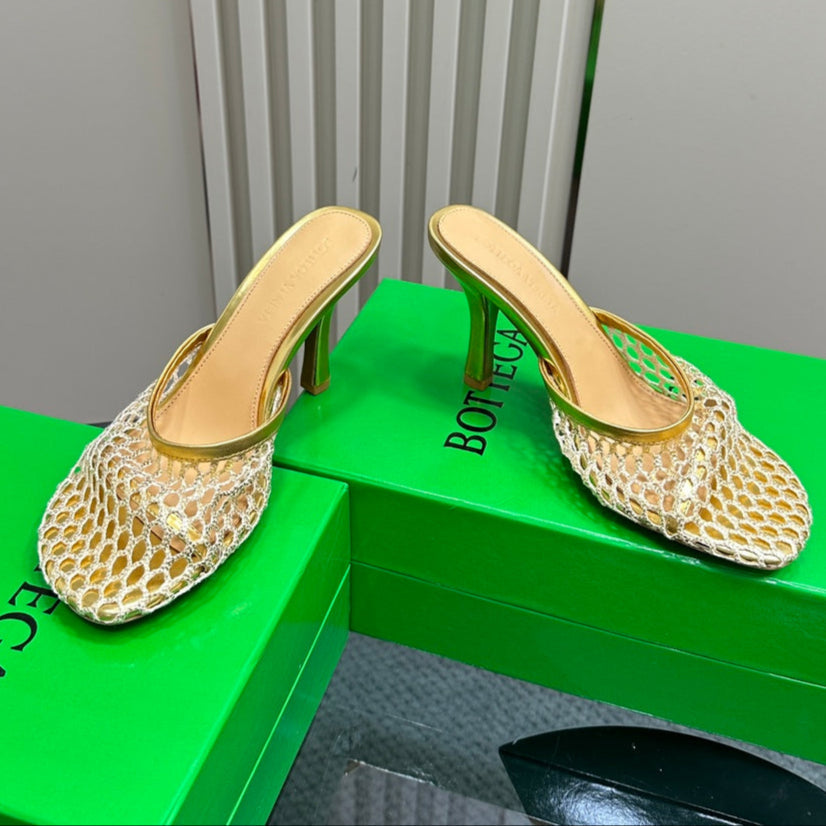 HIGH MULE 9 CM IN GOLD METALLIZE MESH AND LEATHER