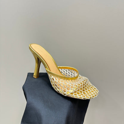 HIGH MULE 9 CM IN GOLD METALLIZE MESH AND LEATHER