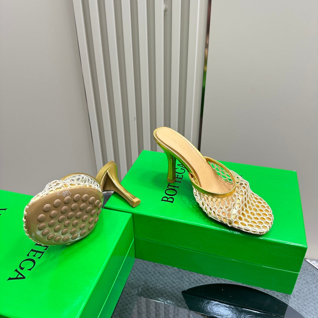 HIGH MULE 9 CM IN GOLD METALLIZE MESH AND LEATHER