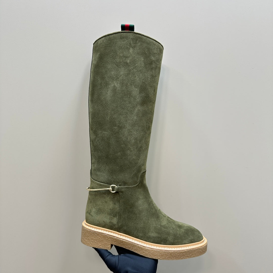 SLIM HORSEBIT KNEE BOOTS WITH WEB IN KHAKI GREEN SUEDE