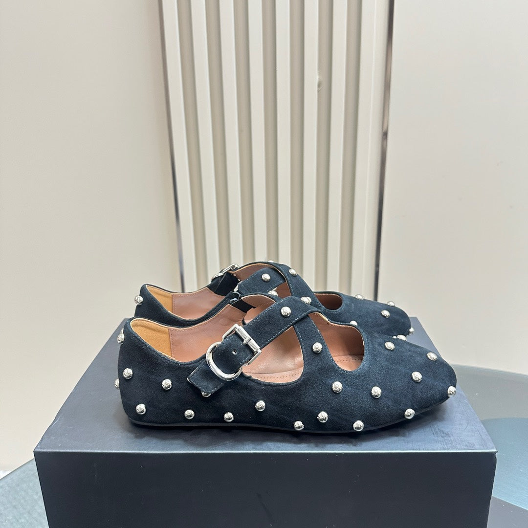 CRISS CROSS BALLET FLATS IN BLACK SUEDE WITH STUDS