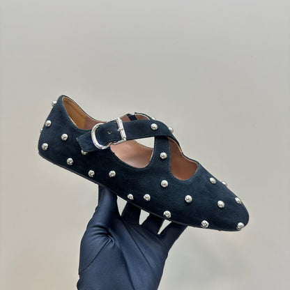 CRISS CROSS BALLET FLATS IN BLACK SUEDE WITH STUDS