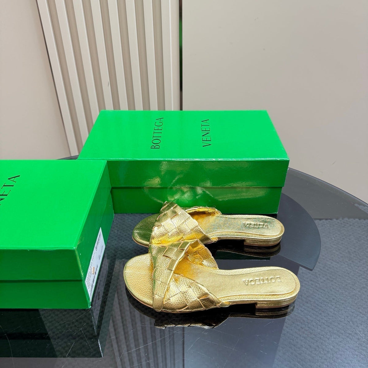 BLINK FLAT MULE IN GOLD INTRECCIATO LEATHER