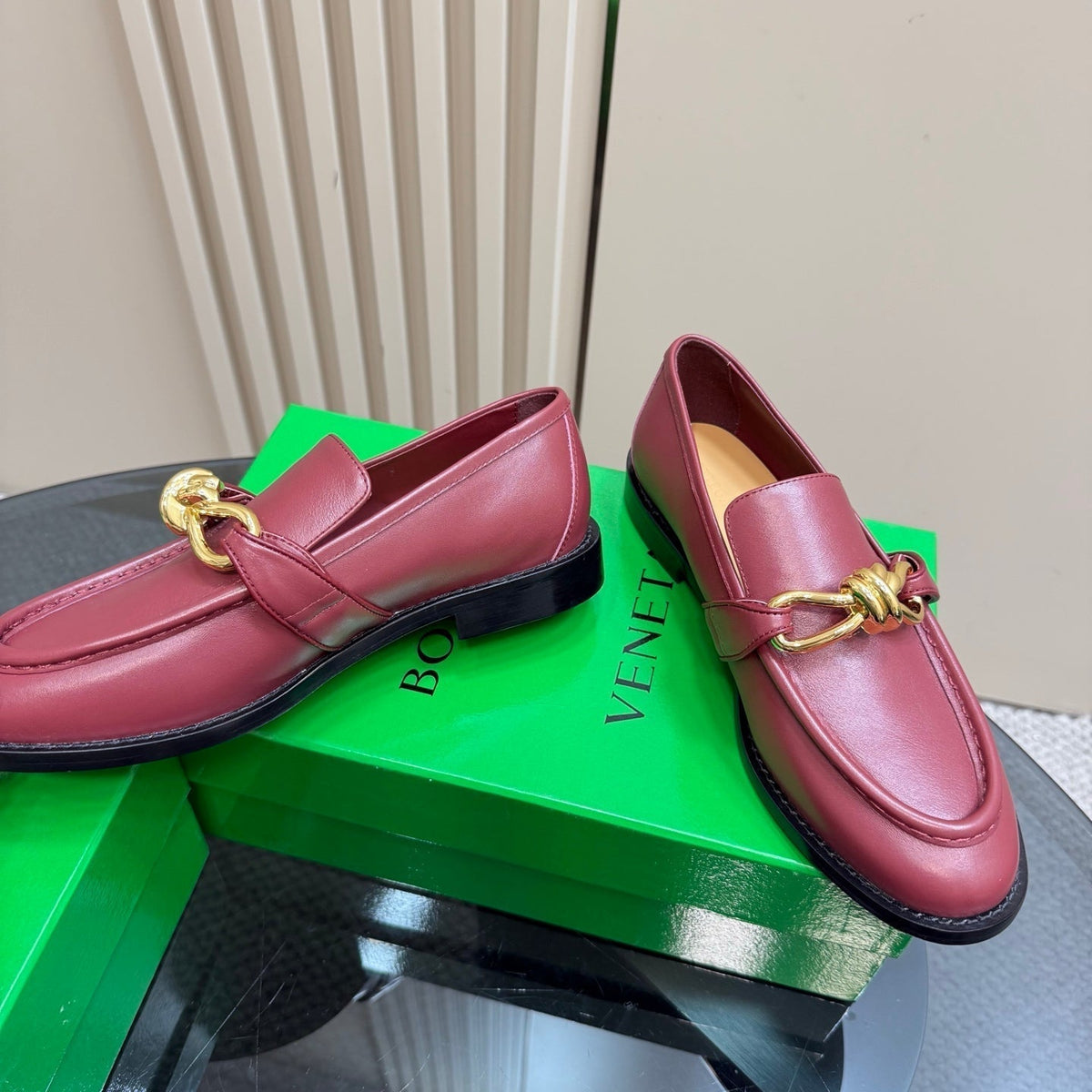 ASTAIRE LOAFER IN BERRY RED CALFSKIN WITH GOLD HARDWARE