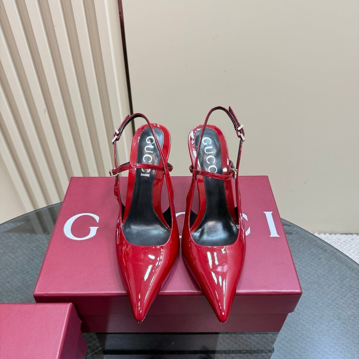 POINTED-TOE HIGH BAMBOO-EFFECT HEEL SLINGBACK IN RED PATENT CALFSKIN