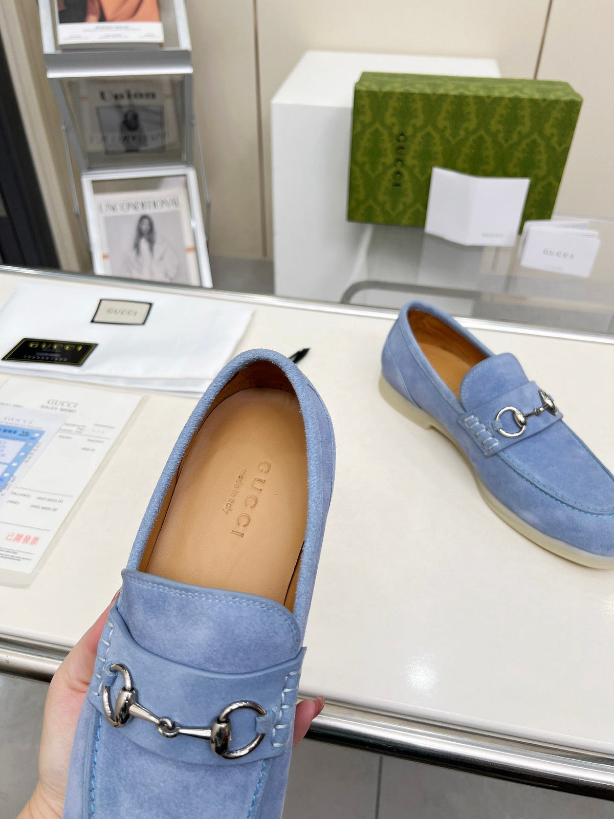 LOAFERS WITH SILVER HARDWARE IN CORNFLOWER BLUE SUEDE