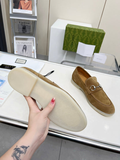 LOAFERS WITH SILVER HARDWARE IN CIDER BROWN SUEDE