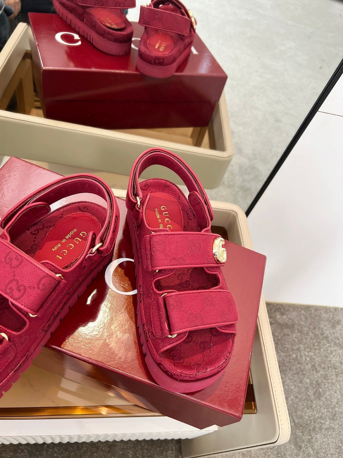 VELCRO STRAP SANDALS IN BRICK RED MONOGRAM CANVAS GOLD HARDWARE