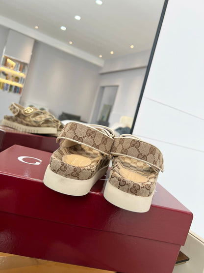 VELCRO STRAP SANDALS IN BEIGE AND DARK BROWN MONOGRAM CANVAS GOLD HARDWARE