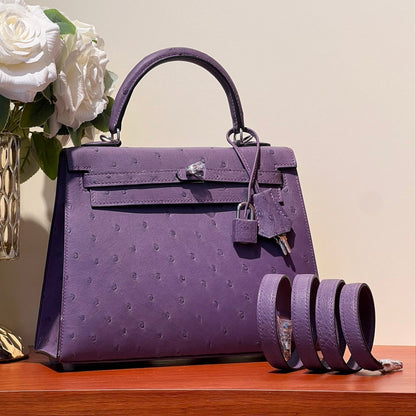 KELLY SELLIER 25 BAG IN ROYAL PURPLE OSTRICH LEATHER WITH SILVER HARDWARE