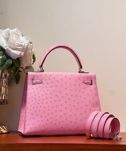 KELLY SELLIER 25 BAG IN DOLL PINK OSTRICH LEATHER WITH SILVER HARDWARE