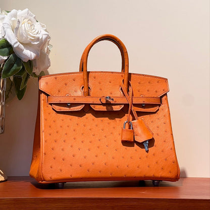 KELLY SELLIER 25 BAG IN FIRE ORANGE OSTRICH LEATHER WITH SILVER HARDWARE