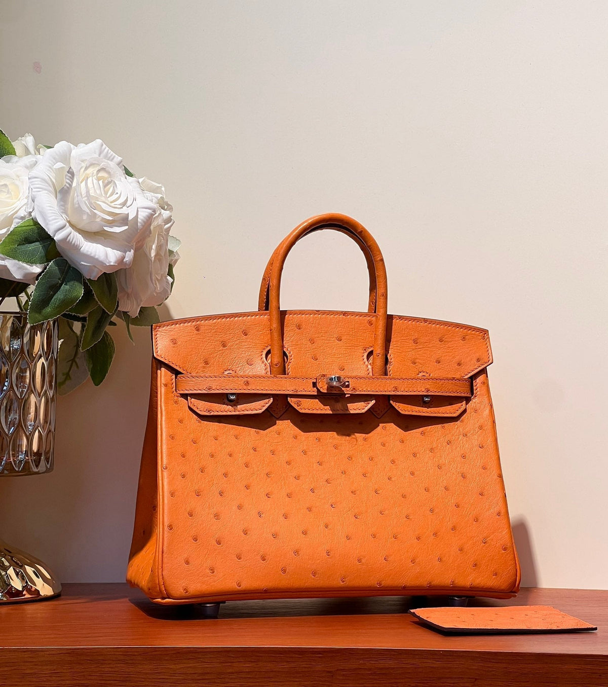 KELLY SELLIER 25 BAG IN FIRE ORANGE OSTRICH LEATHER WITH SILVER HARDWARE