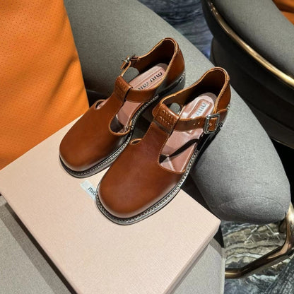 Square Toe Thick Heel Retro Mary Jane Shoes Chestnut Calfskin