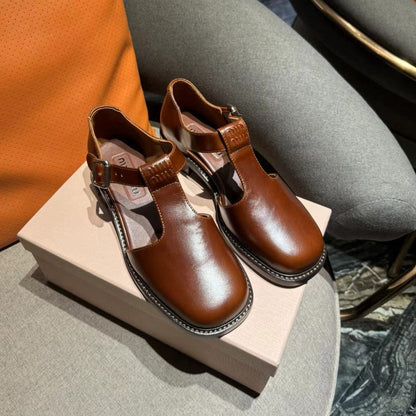 Square Toe Thick Heel Retro Mary Jane Shoes Chestnut Calfskin