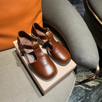 Square Toe Thick Heel Retro Mary Jane Shoes Chestnut Calfskin