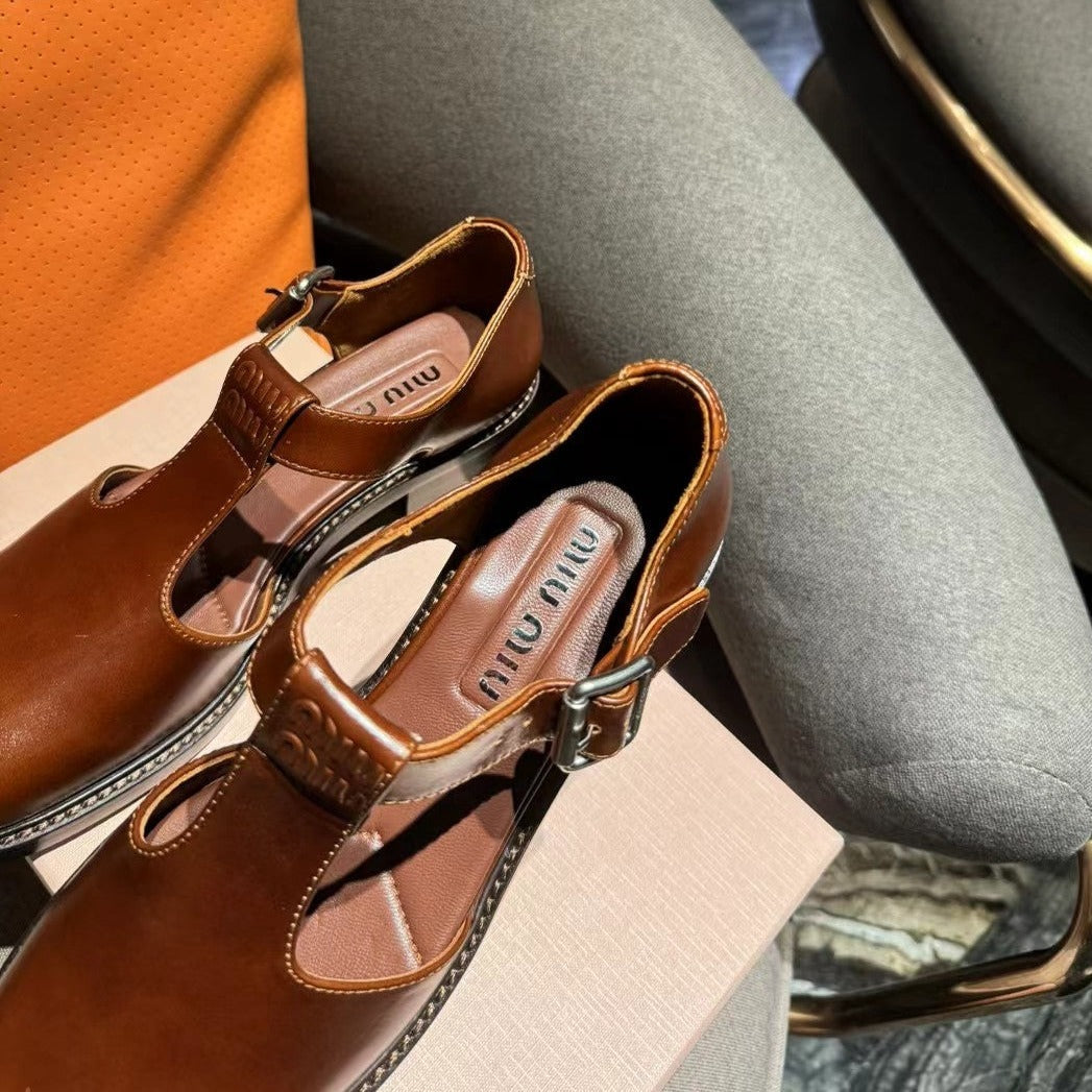 Square Toe Thick Heel Retro Mary Jane Shoes Chestnut Calfskin