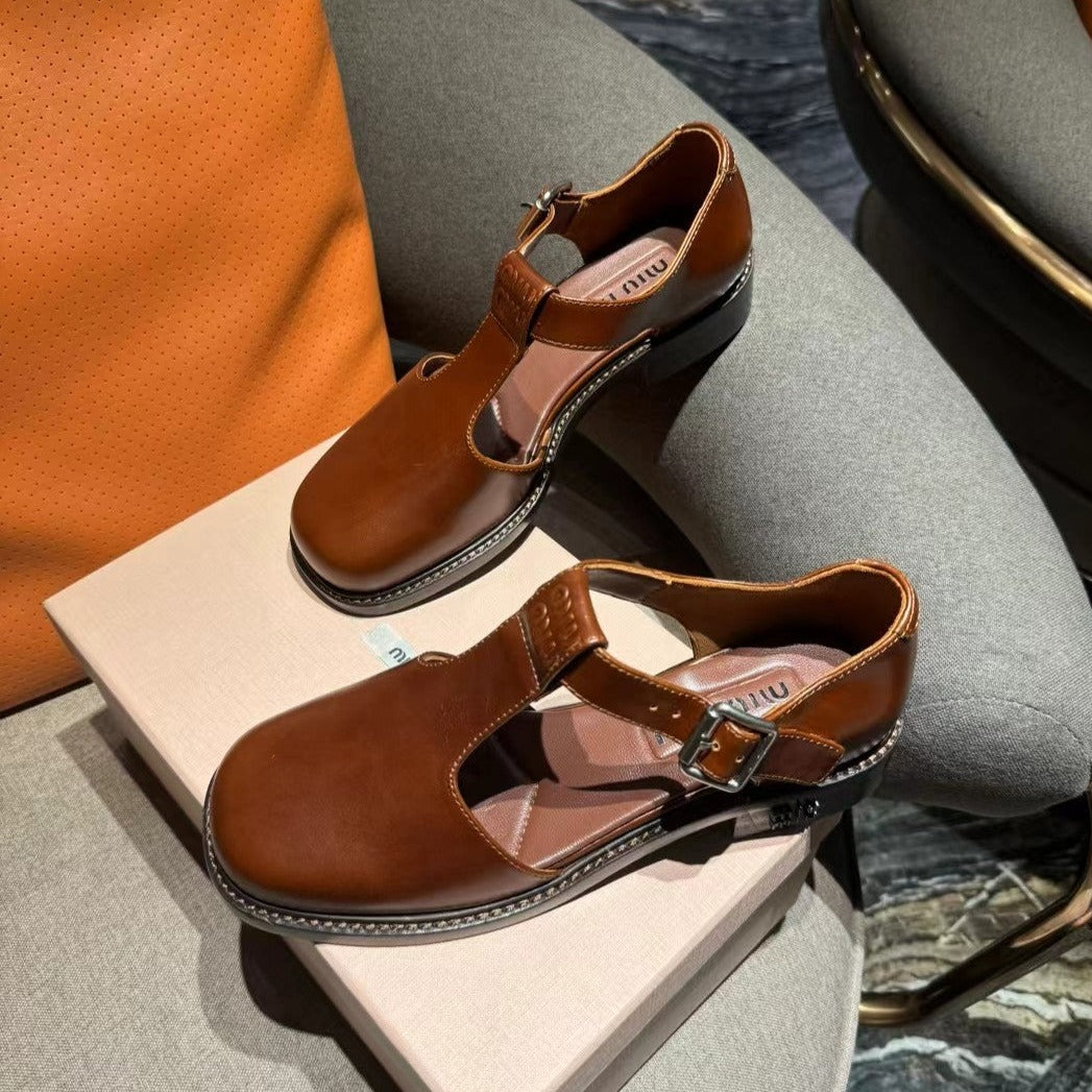 Square Toe Thick Heel Retro Mary Jane Shoes Chestnut Calfskin