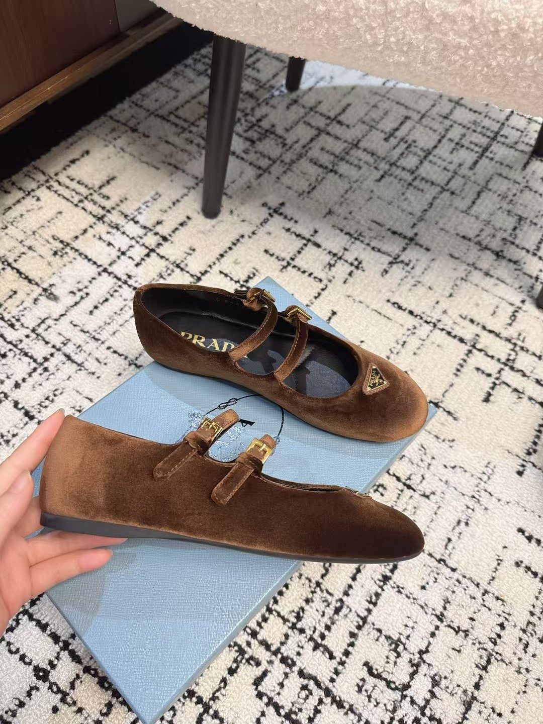 MARY JANE FLAT WITH TRIANGLE LOGO IN RUSSET BROWN VELVET