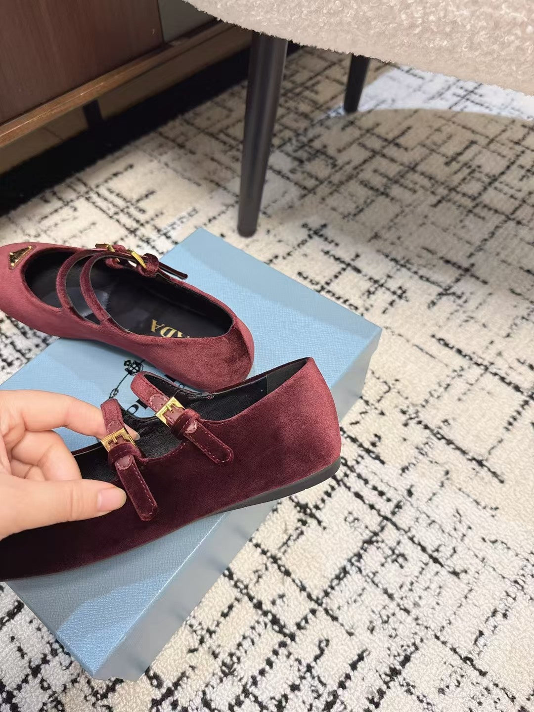 MARY JANE FLAT WITH TRIANGLE LOGO IN SANGRIA RED VELVET