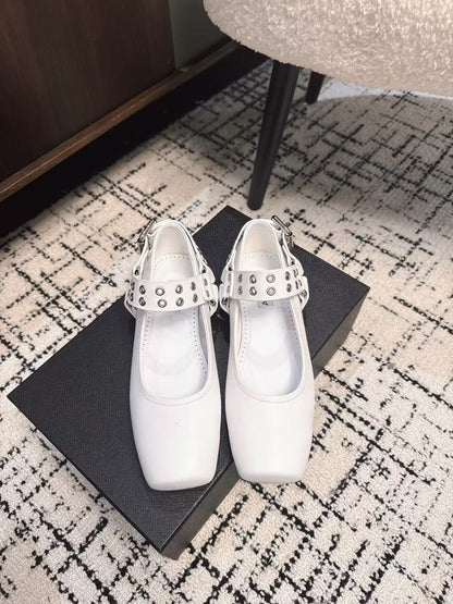BIKER BALLET FLATS IN WHITE CALFSKIN