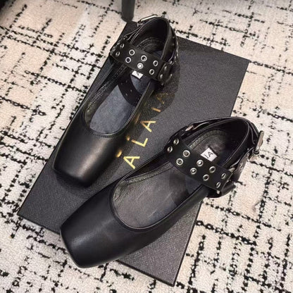 BIKER BALLET FLATS IN BLACK CALFSKIN