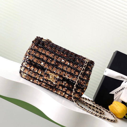 CLASSIC FLAP BAG 21 IN BROWN MIX BLACK SEQUINS