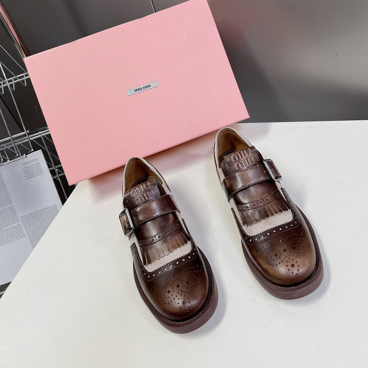 UNIQUE THICK-SOLED OXFORD SHOES WOOD MIX CREAM CALFSKIN
