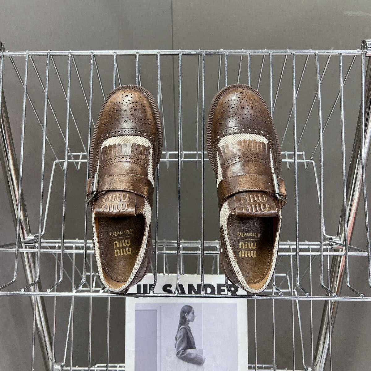 UNIQUE THICK-SOLED OXFORD SHOES WOOD MIX CREAM CALFSKIN