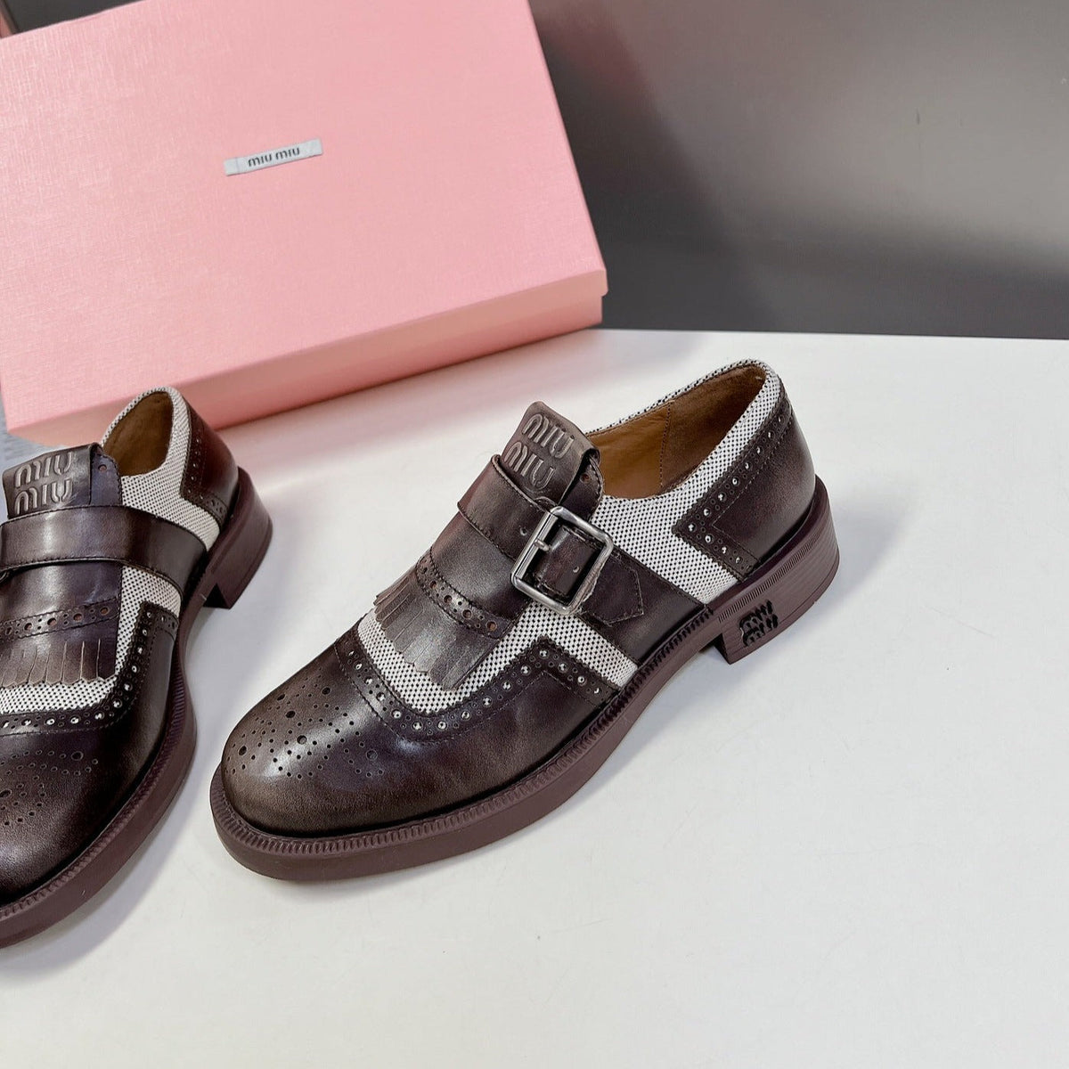 UNIQUE THICK-SOLED OXFORD SHOES BROWN MIX CREAM CALFSKIN