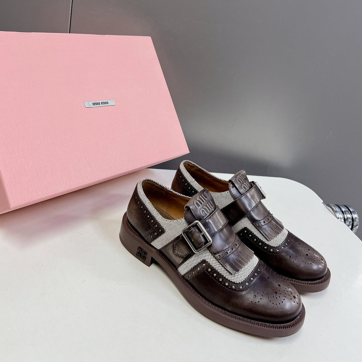 UNIQUE THICK-SOLED OXFORD SHOES BROWN MIX CREAM CALFSKIN