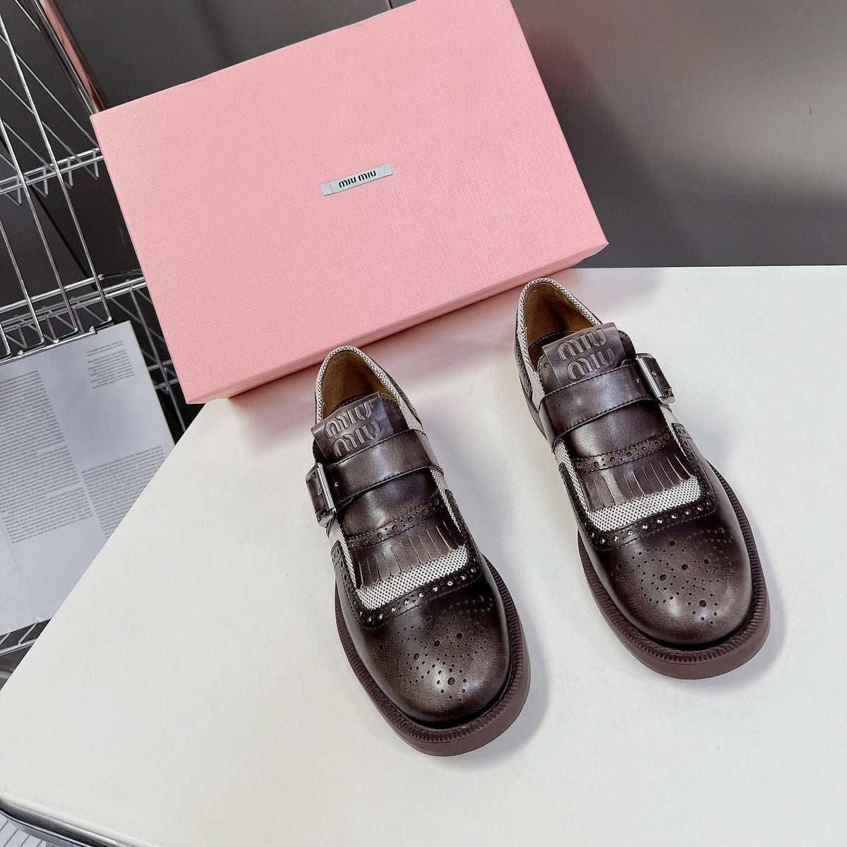 UNIQUE THICK-SOLED OXFORD SHOES BROWN MIX CREAM CALFSKIN