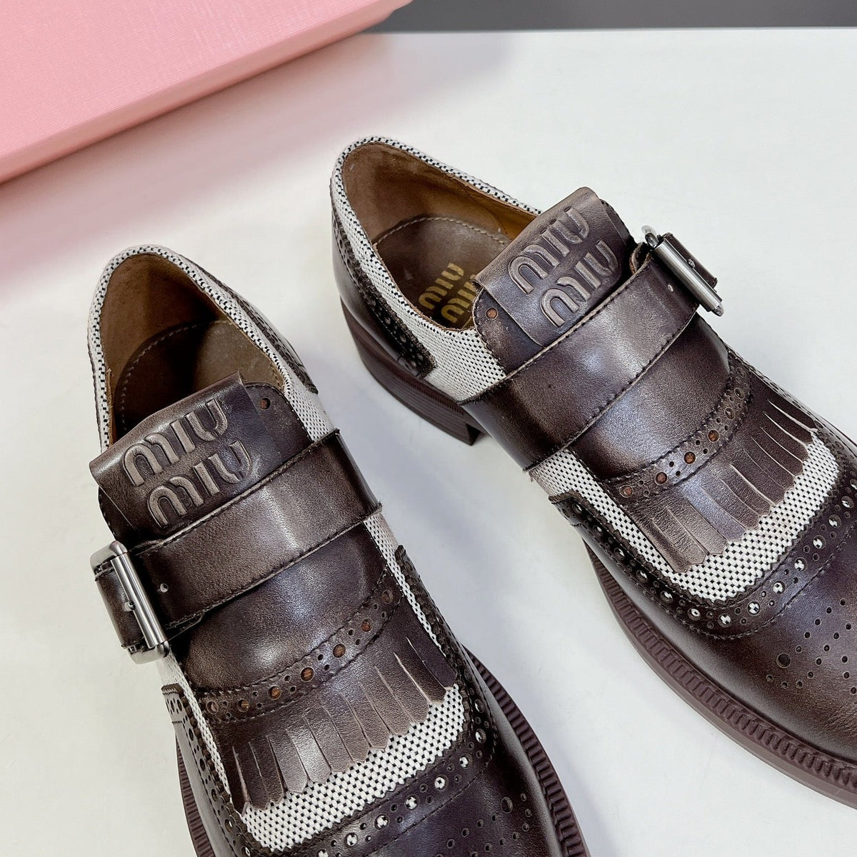 UNIQUE THICK-SOLED OXFORD SHOES BROWN MIX CREAM CALFSKIN