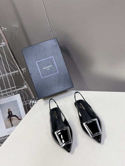 SL SQUARE BUCKLE SLINGBACK BLACK POLISHED CALFSKIN