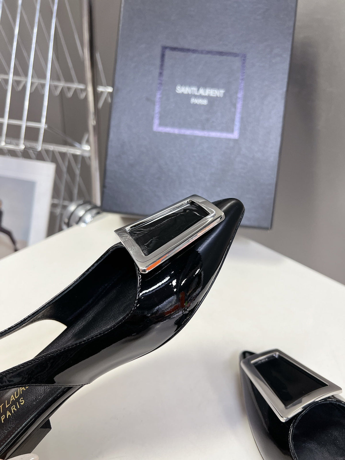 SL SQUARE BUCKLE SLINGBACK BLACK POLISHED CALFSKIN