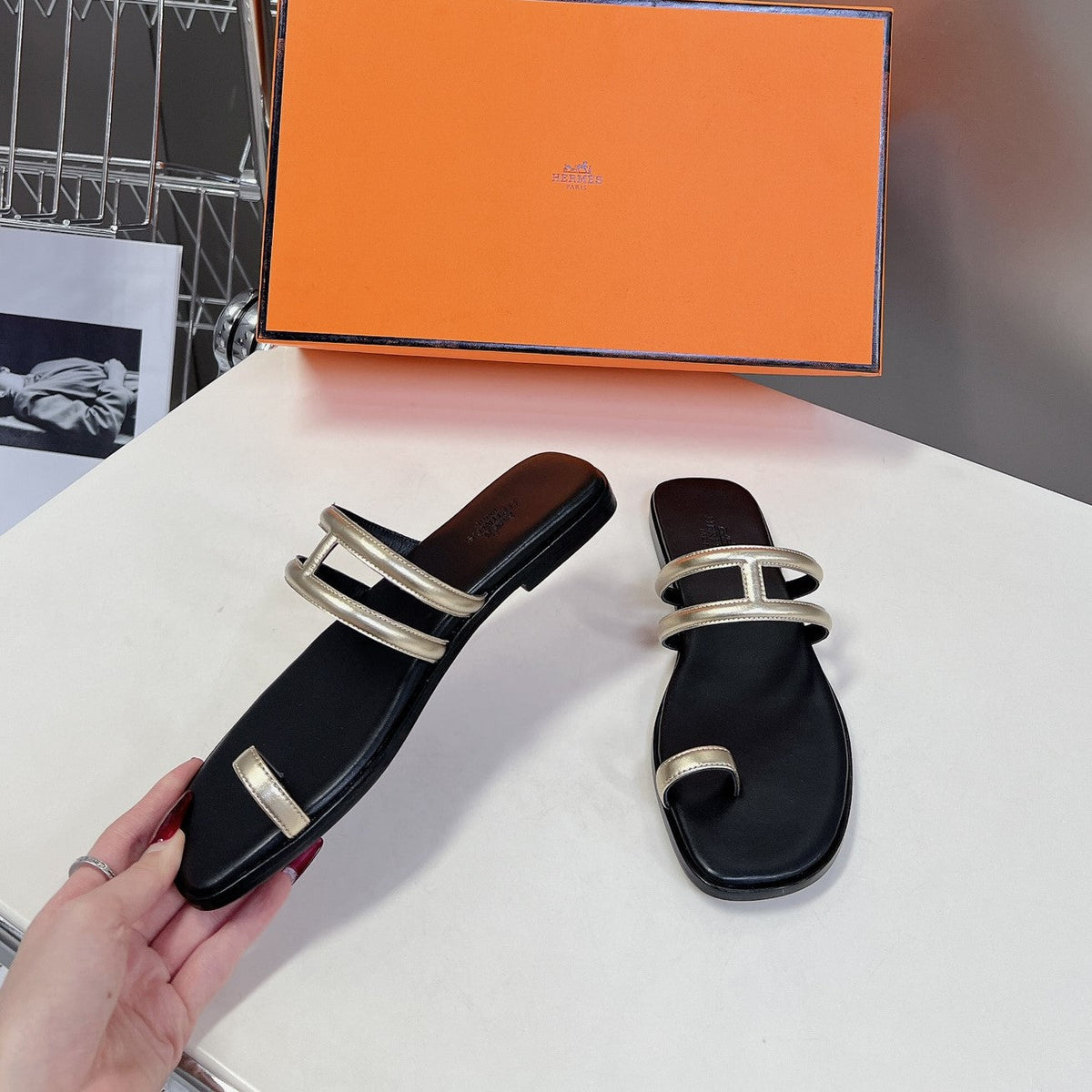 Georgia Sandals Gold Black Calfskin