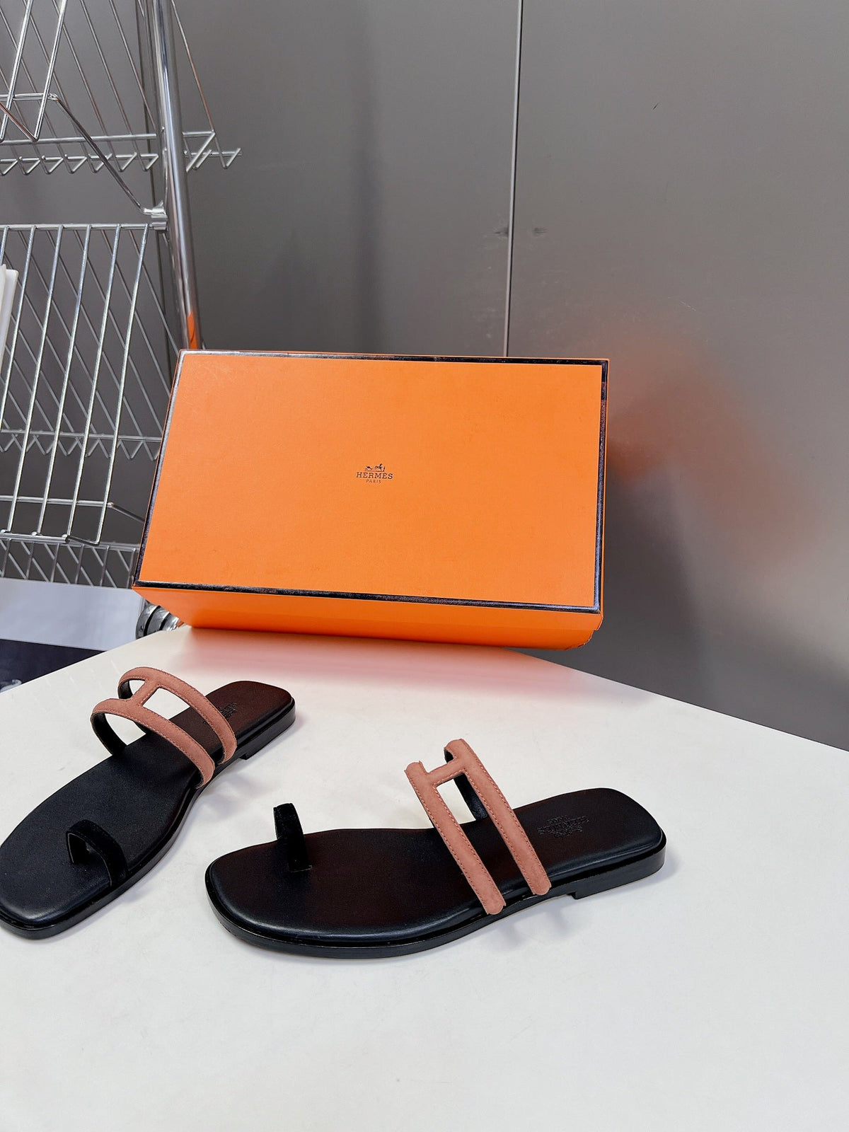 Georgia Sandals Peach Suede Black Calfskin