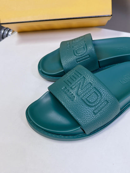 FENDI ROMA SLIDES IN TEAL GREEN LAMBSKIN LEATHER